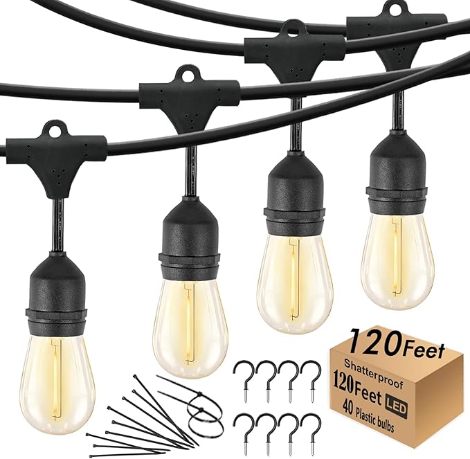 120FT Outdoor String Lights Waterproof with 40 Shatterproof Edison Bulbs | Patio String Lights Bistro Lights Outdoor for Backyard Gazebo Pergola Market