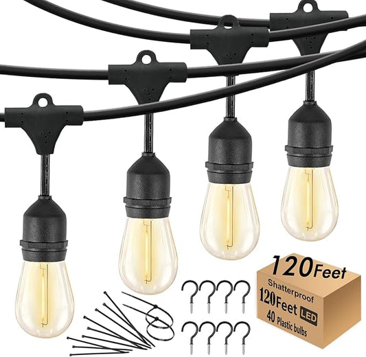 120FT Outdoor String Lights Waterproof with 40 Shatterproof Edison Bulbs | Patio String Lights Bistro Lights Outdoor for Backyard Gazebo Pergola Market