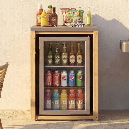 MOUMON Outdoor Mini Fridge Cabinet with Stainless Steel Countertop, 24” Solid Cedar Patio Refrigerator Stand, Oak 27.6”W x 23.6”D x 37.4”H