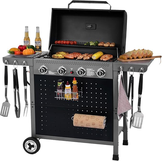 Royal Gourmet GL4001 4-Burner Gas Grill with Pegboard, 500 Sq. In. Cooking Area, 26,000 BTU, Foldable Side Shelves with Hooks, Ideal for Backyard and Patio, Black & Cool Gray