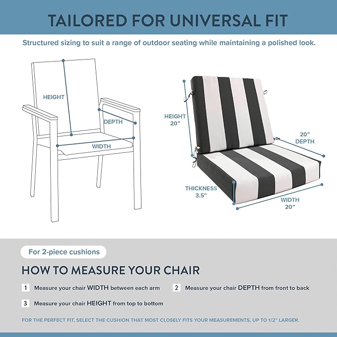 California Umbrella Outdoor Dining Chair, Patio Seat Cushion, 20 x 40 Inch, Premium Outdoor Memory Foam, Fade Resistant Sunbrella Fabric, Fabric Ties,Cabana Classic