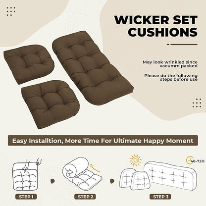 DANGHOOGY Wicker Chair Cushions, Waterproof Outdoor Loveseat Cushions for Patio Furniture, Tufted Wicker Furniture Cushions, 1 Loveseat and 2 U-Shaped Cushions, Brown
