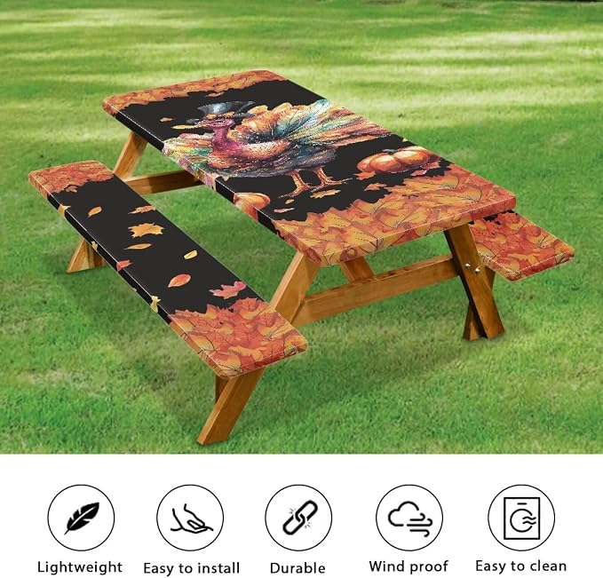 Thanksgiving 3 Piece Fitted Picnic Table Cover for Camping Party Supplies Turkey Pumpkin Maple Leaf Camping Tablecloth with Elastic Band