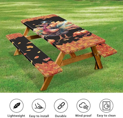 Thanksgiving 3 Piece Fitted Picnic Table Cover for Camping Party Supplies Turkey Pumpkin Maple Leaf Camping Tablecloth with Elastic Band