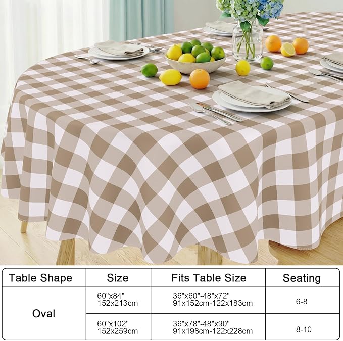 Smiry Oval Table Cloth, Vinyl Tablecloths with Flannel Backing, 60"x102" | Waterproof Picnic Table Cloth, Wipeable Buffalo Plaid Table Cover for Indoor and Outdoor (Khaki & White)