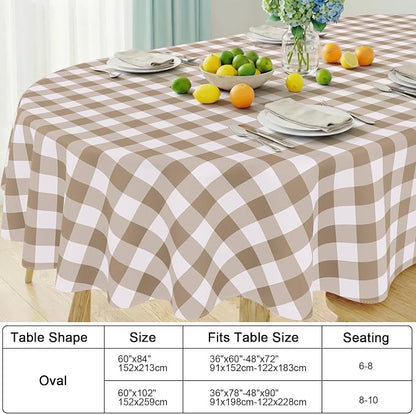 Smiry Oval Table Cloth, Vinyl Tablecloths with Flannel Backing, 60"x102" | Waterproof Picnic Table Cloth, Wipeable Buffalo Plaid Table Cover for Indoor and Outdoor (Khaki & White)
