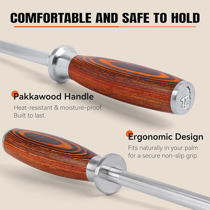 TUO Honing Rod, Sharpening Steel with Larger Diameter for Kitchen Knife Daily Honing Maintenance, High Carbon Steel 8" Knife Sharpener Rod, Ergonomic Handle