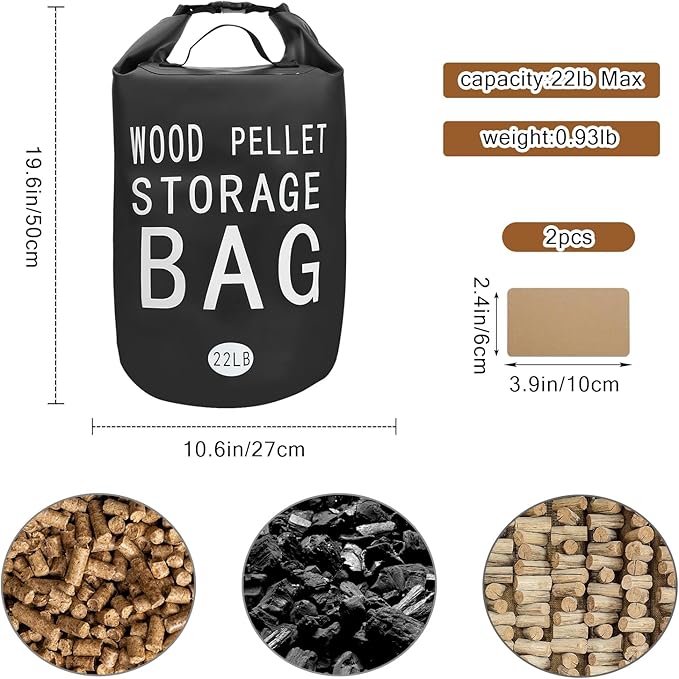 22LB Waterproof Wood Pellet Storage Bag - 500D PVC Charcoal Storage Container with Dual Handles, Label Pocket & Buckle Seal for Grill Smoker BBQ Outdoor Use (2, 22LB-Black)
