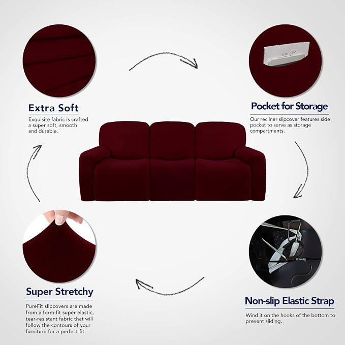 PureFit Super Stretch 3 Seats Recliner Sofa Couch Cover with Pocket | Non Slip Soft Sofa Slipcover, Washable Spandex Reclining Furniture Protector for Kids, Pets (Recliner Sofa, Wine)