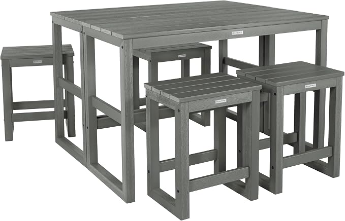 highwood Monroe 6-Piece Counter Height Modern Balcony Set, 2 Tables and 4 Stools, Coastal Teak