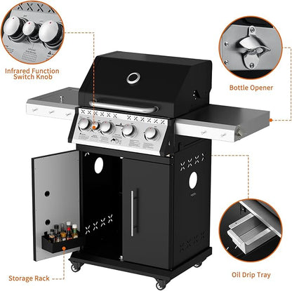 SKOK 4 Burner Propane Gas Grill with Infrared Side and Rear Burners, Outdoor BBQ Grill with Cast Iron Grates, Barbecue Grill with Wheels, 60,000BTU Output