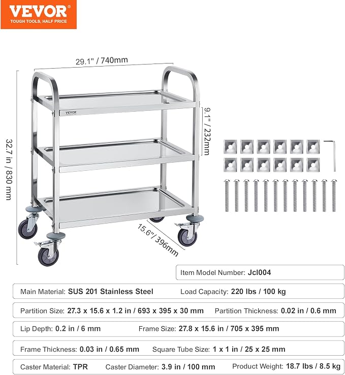 VEVOR Stainless Steel Cart, 3 Layers Lab Utility Cart 220 lbs Weight Capacity, Medical Cart with Lockable Universal Wheels, for Lab, Clinic, Kitchen, Salon