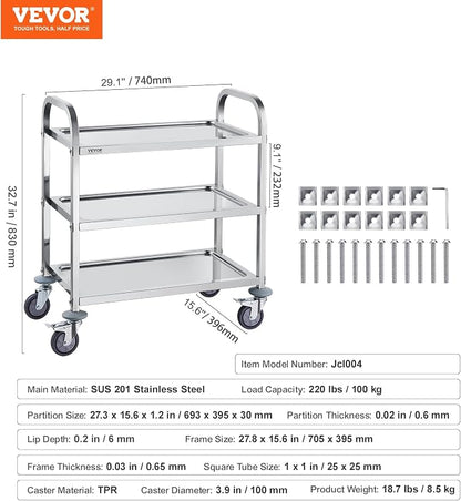 VEVOR Stainless Steel Cart, 3 Layers Lab Utility Cart 220 lbs Weight Capacity, Medical Cart with Lockable Universal Wheels, for Lab, Clinic, Kitchen, Salon