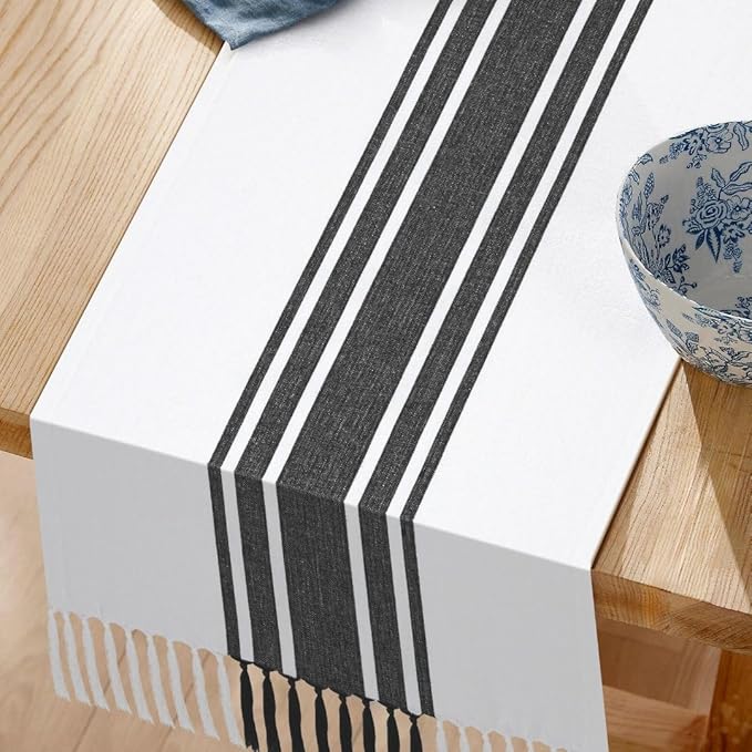 Table Runner 100% Cotton 14x90 Inch - Soft Durable Washable, for Parties Holidays Weddings Kitchen and Everyday Use - 90 Inches Long Farmhouse Rustic Table Runner Black