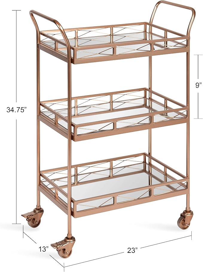 Kate and Laurel Ketia Glam Metal Bar Cart; 23 x 13 x 34; Rose Gold; Glamorous Three Tier Gold Bar Cart for Display and Storage