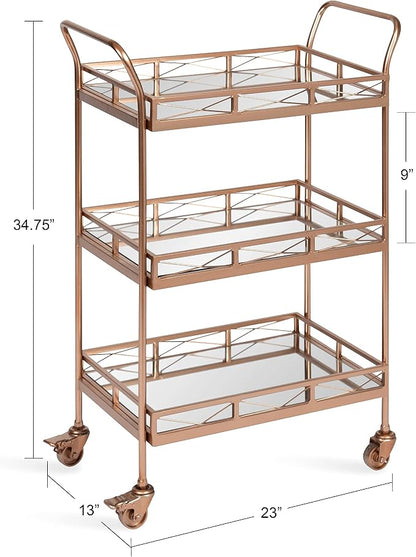 Kate and Laurel Ketia Glam Metal Bar Cart; 23 x 13 x 34; Rose Gold; Glamorous Three Tier Gold Bar Cart for Display and Storage