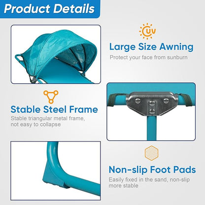 Northroad 2 Pack Outdoor Lounge Chair, Tanning Chair with Sunshade Roof, Adjustable Backrest Folding Chaise Lounge, Reclining Beach Bed for Beach, Camping, Hiking -Blue