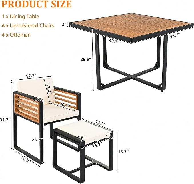Merax 9-Piece Patio Dining Set for 8 People, Acacia Wood Outdoor Furniture Sets with 1 Square Table, 4 Cushioned Chairs and 4 Ottomans for Backyard, Garden, Lawn, Poolside, Space Saving Design, Beige