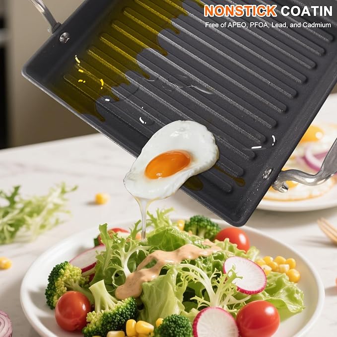 8.6 Inch Stove Top Cast Iron Grill Pan, Medium Pre-Seasoned Ribbed Skillet with Stainless Steel Handle, Square Grill Pan for Gas Grill, Camping, BBQ, One Burner Cookware