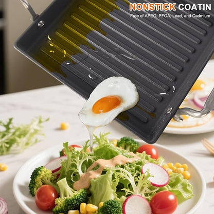 8.6 Inch Stove Top Cast Iron Grill Pan, Medium Pre-Seasoned Ribbed Skillet with Stainless Steel Handle, Square Grill Pan for Gas Grill, Camping, BBQ, One Burner Cookware