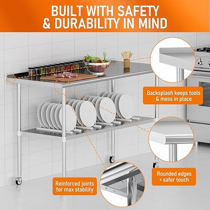Stainless Steel Prep Table 30" X 60" with Adjustable Undershelf, Backsplash and Wheels, Commercial Metal Workstations for Kitchen, Garage, Home and Hotel