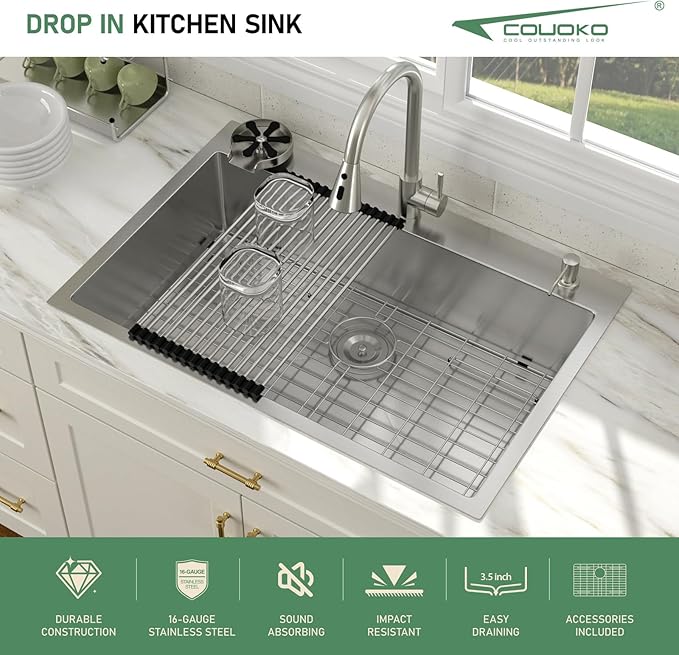 30x22 Drop In Kitchen Sink with Faucet Combo16 Gauge Stainless Steel Single Bowl Kitchen Sink Large Deep Round Corner Handmade Topmount Overmount Basin Kitchen Sinks