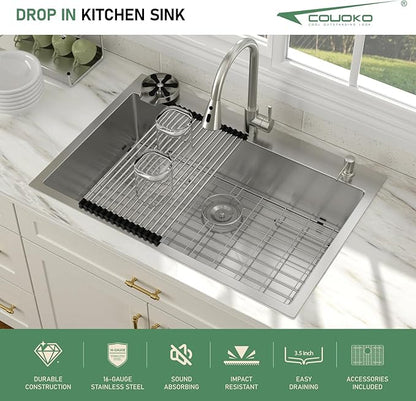 30x22 Drop In Kitchen Sink with Faucet Combo16 Gauge Stainless Steel Single Bowl Kitchen Sink Large Deep Round Corner Handmade Topmount Overmount Basin Kitchen Sinks