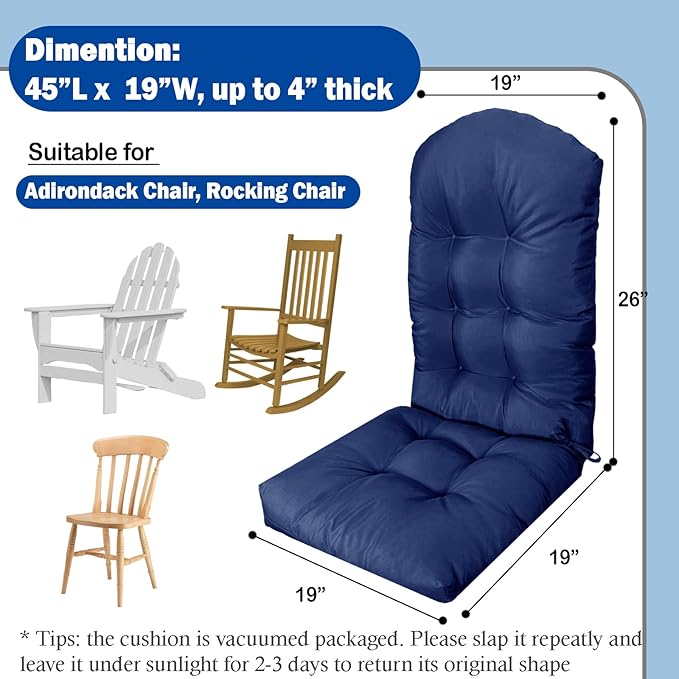 Adirondack Chair Cushion, Outdoor Patio Furniture Seat Pad, Waterproof | Waterproof cover with straps, PP cotton, high back thick seat pad for adirondack rocking chair indoor outdoor porch 44x19x4