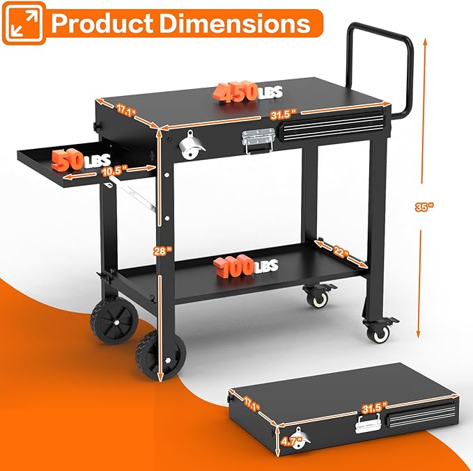 Portable Grill Table for Blackstone Griddle, Outdoor Grill Cart with Wheels, Griddle Stand Fit 17 Inch 22 Inch Ninja Griddle, Folding Table with Caddy for Outside Patio, Kitchen Cooking Prep Table