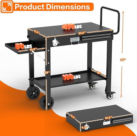 Portable Grill Table for Blackstone Griddle, Outdoor Grill Cart with Wheels, Griddle Stand Fit 17 Inch 22 Inch Ninja Griddle, Folding Table with Caddy for Outside Patio, Kitchen Cooking Prep Table