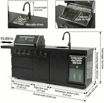 84" Modular Outdoor Kitchen Island, 4-Burner 75,300 BTU BBQ Island with Side Burner, Integrated Sink & Refrigerator, Side Prep Shelf, NG Conversion Kit, for Backyard and Patio Cooking, Black