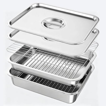Grill Prep & Serve Tray Set with Lids 5-Piece Grill Carry System | Food Prep System for Marinating, Carrying & Serving, Stainless Steel BBQ Trays for Raw & Cooked Food Separation