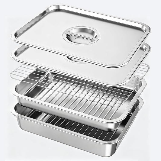 Grill Prep & Serve Tray Set with Lids 5-Piece Grill Carry System | Food Prep System for Marinating, Carrying & Serving, Stainless Steel BBQ Trays for Raw & Cooked Food Separation
