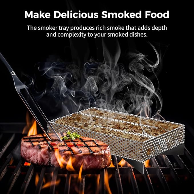 Smoker Tray 12 Hours Pellet Maze Smoker Tray, 5 x 8 Inch Stainless Steel Pellet Smoker Basket, Anti-slip Smoke Generator, Perfect for Hot and Cold Smoking Meat, Fish, Cheese