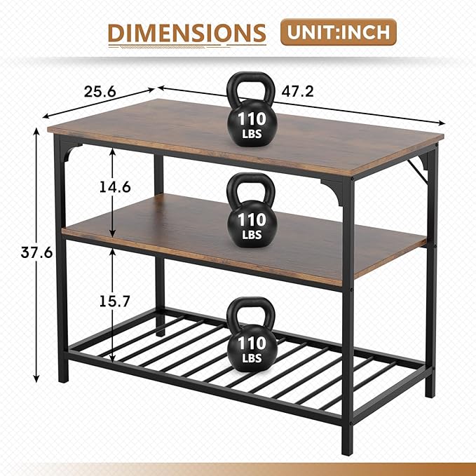 FDW 3-Tier Kitchen Island with Shelves, Modern Style, Sturdy Kitchen Island Table with Storage Shelves, Heavy Duty, Pewter Finish