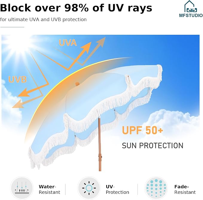 7ft Patio Beach Umbrella with Fringe, Outdoor Umbrella for Poolside, Blue | MFSTUDIO Tassel Umbrellas UPF50+ with Sand Anchor & Tilt Button, Holiday Outdoor Umbrella with Carry Bag, Ideal for Garden