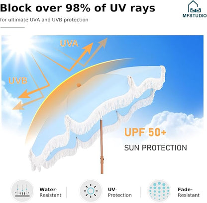 7ft Patio Beach Umbrella with Fringe, Outdoor Umbrella for Poolside, Blue | MFSTUDIO Tassel Umbrellas UPF50+ with Sand Anchor & Tilt Button, Holiday Outdoor Umbrella with Carry Bag, Ideal for Garden