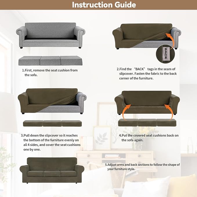 WEERRW 4-Piece Couch Cover for Sofa Velvet Sofa Cover Washable, Light Brown | Sofa Covers for 3 Cushion Couch Furniture Protector Sofa Slipcovers with Non Slip Elastic Bottom, Pet Friendly, Large
