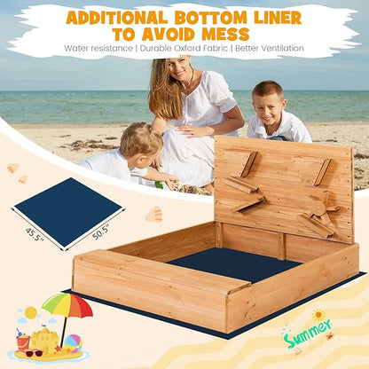Costzon Kids Sandbox, Wooden Sand Pit w/Storage Boxes & Protective Bottom Liner, Outdoor Sand Box for Kids Age 3+ Backyard Garden Beach (with Sand Wall)