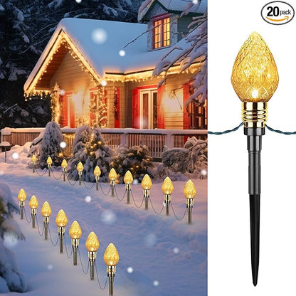 Brightown 2 Pack Strawberry C9 Christmas Pathway Lights Outdoor - Total 34.8 Feet 20 LED Christmas Walkway Lights, Christmas Lights Outdoor Decorations for Yard Lawn Holiday Outside, Warm White