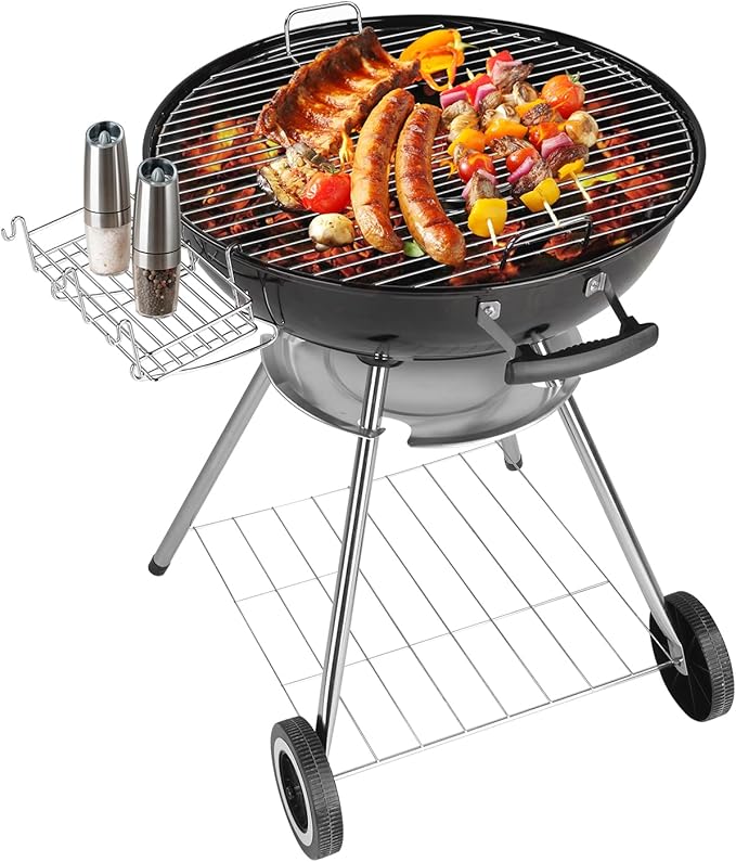 28in Portable Charcoal Grill with Wheels and Storage Holder, Porcelain-Enameled Lid and Ash Catcher & Thermometer, Round Barbecue Kettle Grill Bowl Wheels for Outdoor Party Camping Picnic