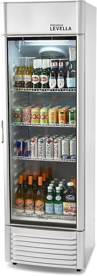 PremiumLevella PRF125DX Glass Door Display Refrigerator 12.5 cu ft Commercial Beverage Cooler Merchandiser With Customizable Lightbox - Silver