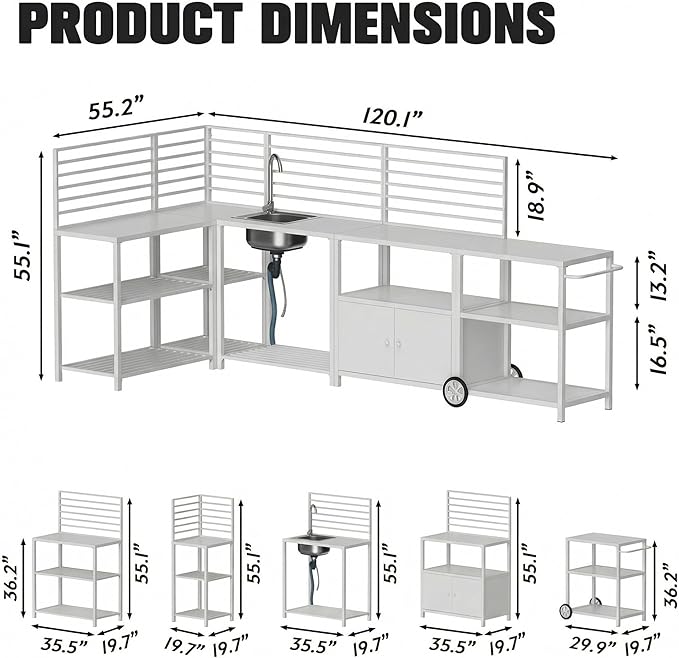 Vikiullf Aluminum Modular Outdoor Kitchen Island with Stainless Steel Sink, Movable Cart and Storage Cabinet, for Backyard BBQ, Porch Party (White Corner)