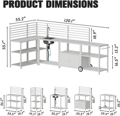 Vikiullf Aluminum Modular Outdoor Kitchen Island with Stainless Steel Sink, Movable Cart and Storage Cabinet, for Backyard BBQ, Porch Party (White Corner)
