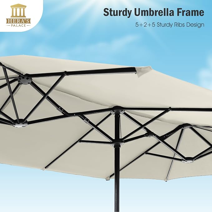 HERA'S PALACE 13 Ft Double-Sided Twin Patio Umbrella, Outdoor Double Sided Market Patio Umbrella with Crank, Powerful UV Protective (Ivory)