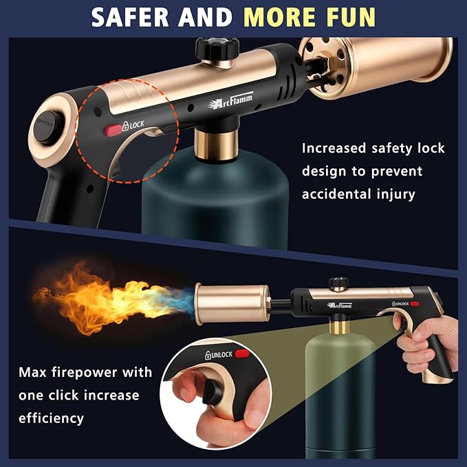 ARTFLAMM Propane Torch with Turbo Mode, Flamethrower Gun with Safety Lock, Blow Torch Gun for Cooking, Kitchen Food Torch Head for Grill, Searing Steak, BBQ, Charcoal Lighter(Tank Not Included)