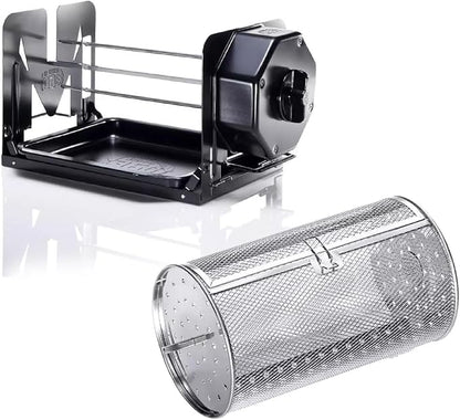 ROTO-Q 360 Cordless Rotisserie Kit w/Tumble Basket - Stainless Steel, Non-Electric - For Grills, Ovens, Smokers - Gas/Charcoal BBQ, Kamado Joe, Green Egg, Kettle - Indoor/Outdoor Use (Black)