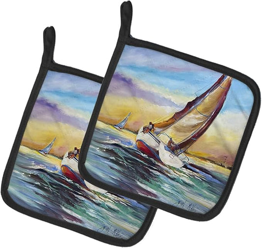Caroline's Treasures JMK1237PTHD Horn Island Boat Race Sailboats Pair of Pot Holders Kitchen Heat Resistant Pot Holders Sets Oven Hot Pads for Cooking Baking BBQ, 7 1/2 x 7 1/2
