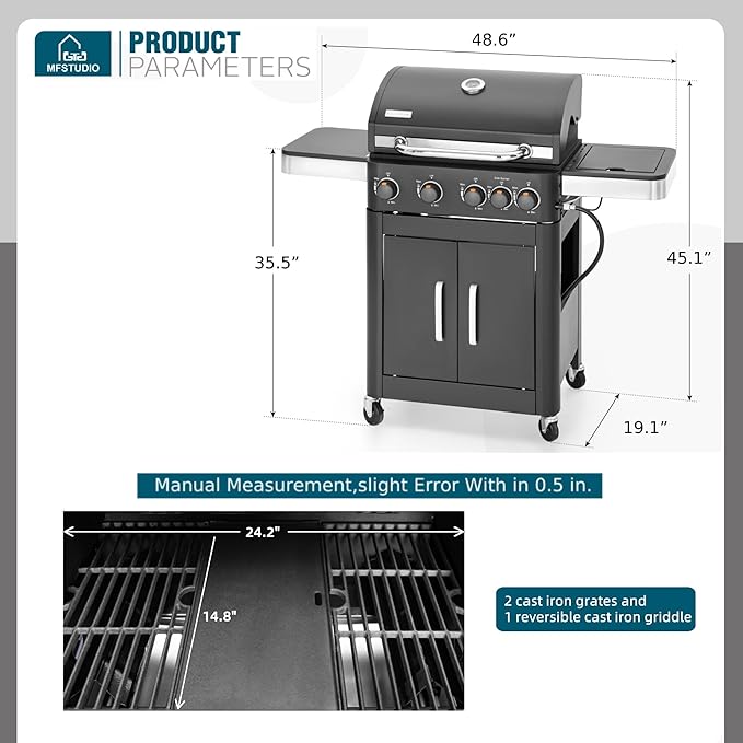 MFSTUDIO 4-Burner Propane Gas BBQ Grill with Side Burner & Porcelain-Enameled Cast Iron Grates, Grill Griddle Combo, 46,700 BTU for Outdoor Backyard Cooking, Black