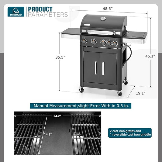 MFSTUDIO 4-Burner Propane Gas BBQ Grill with Side Burner & Porcelain-Enameled Cast Iron Grates, Grill Griddle Combo, 46,700 BTU for Outdoor Backyard Cooking, Black
